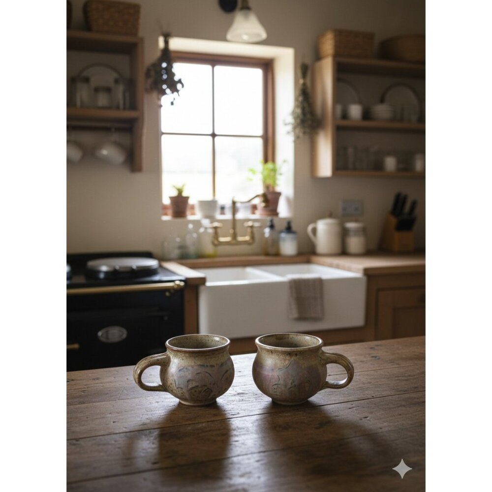 Handmade Style Stoneware Coffee Mugs Set Of 2 Beige Abstract Farmhouse Unmarked